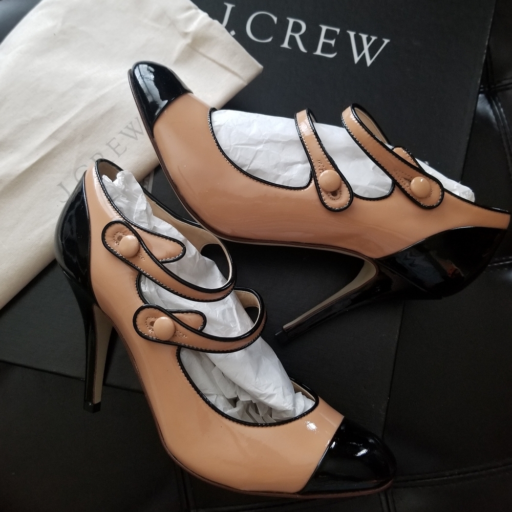❗J. Crew Made in Italy Patent Leather Beige Black Classic Mary Jane Pumps  7❗